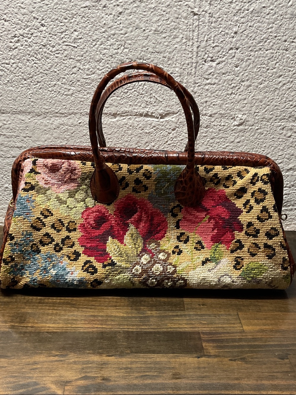 Clever Carriage Company Needlepoint Large Satchel Cheetah Roses Handbag Purse